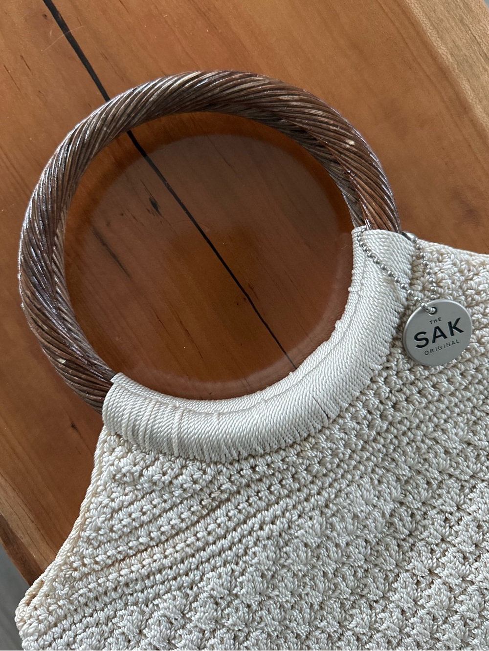 The Sak Cream Crochet Ring-Handle Tote with Brown Wooden Handles - Picture 3 of 9